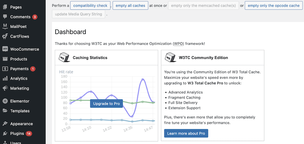 WordPress 仪表板中的 W3 Total Cache 插件。