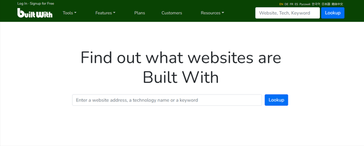 BuiltWith 主页截图。