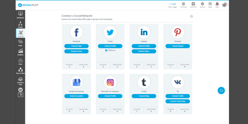 社交媒体自动化工具 SocialPilot Dashboard