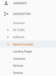 Le menu des rapports de la Search Console dans Google Analytics