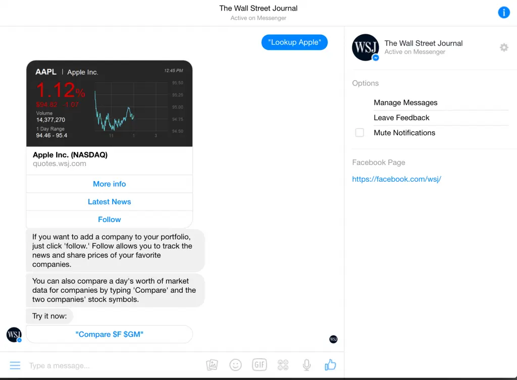 Facebook-Bot in Aktion: Der Facebook-Messenger-Bot von Wall Street Post