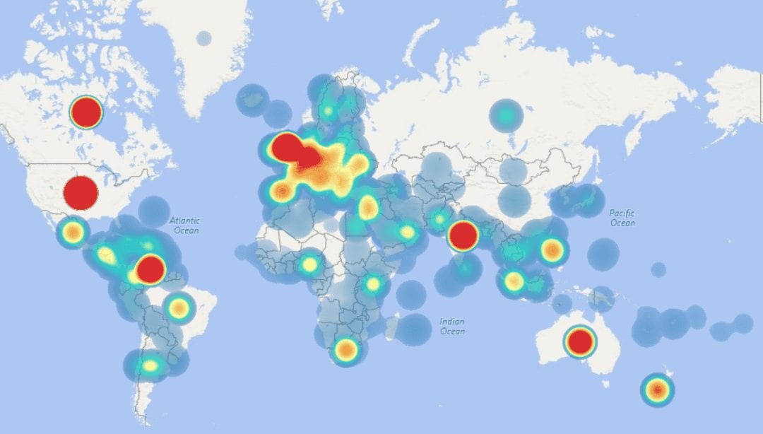 una mappa di calore globale che mostra da dove provengono le recensioni del software GDM