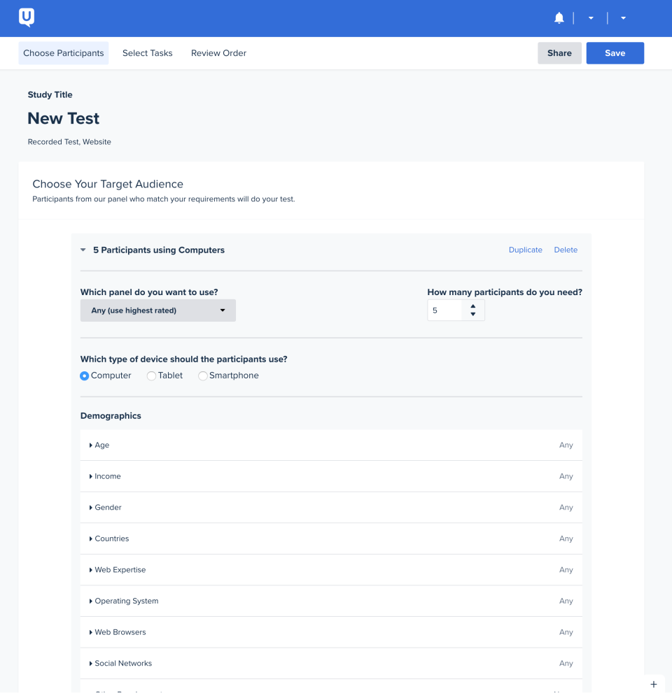 在 UserTesting 中定義新可用性測試的標準