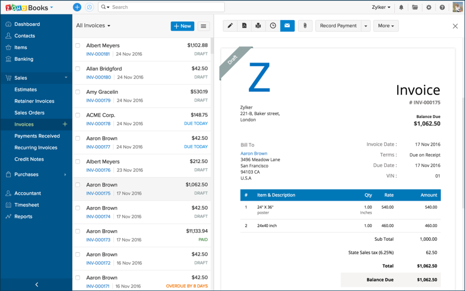 ZohoBooksの請求書管理を示すスクリーンショット