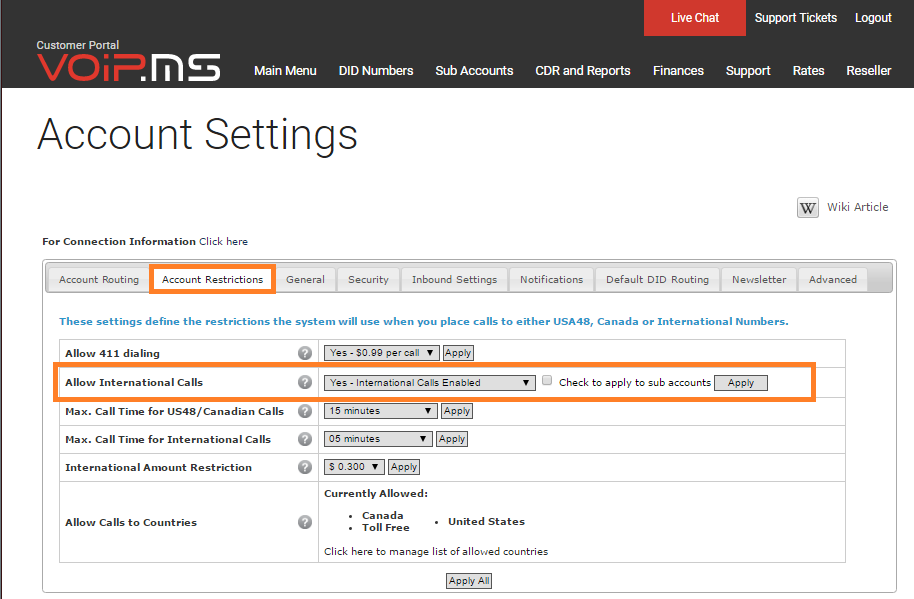 การตั้งค่าการจำกัดการโทรใน VoIP.ms