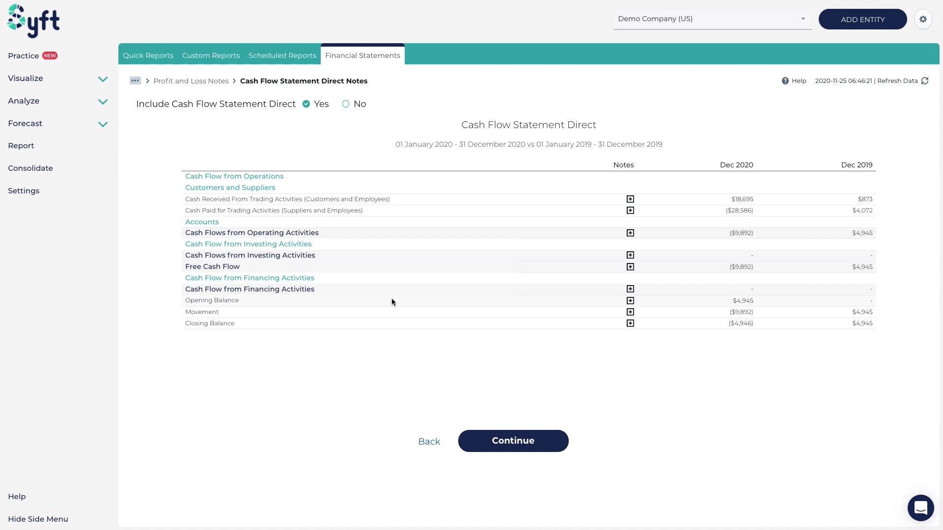 Adicionando notas ao demonstrativo de fluxo de caixa no Syft