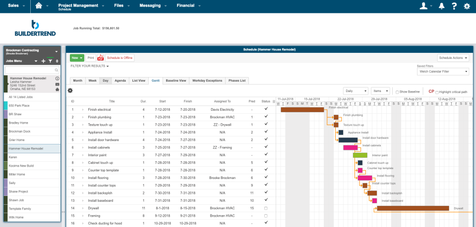 Buildertrend에서 Gantt 차트를 사용한 작업 예약 스크린샷