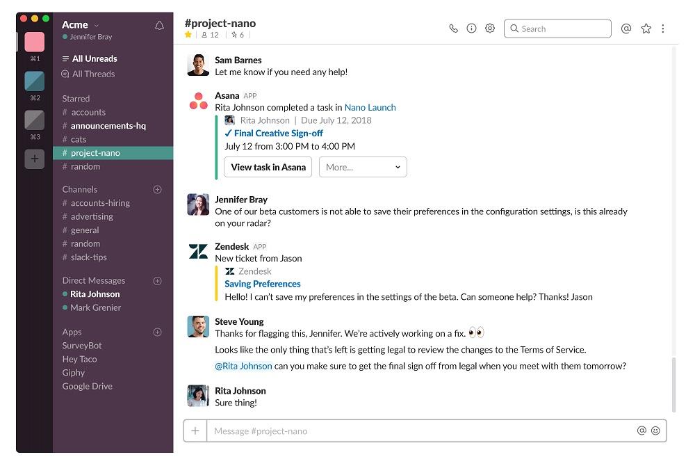 снимок экрана командных сообщений в Slack