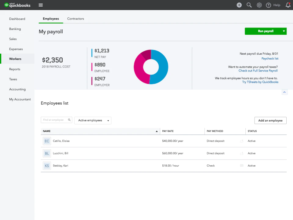 <p><i><span style="font-weight: 400;">Payroll dashboard in </span></i><a href="https://www.capterra.com/p/174981/QuickBooks/"><i><span style="font-weight: 400;">QuickBooks Payroll</span></i></a></p>
