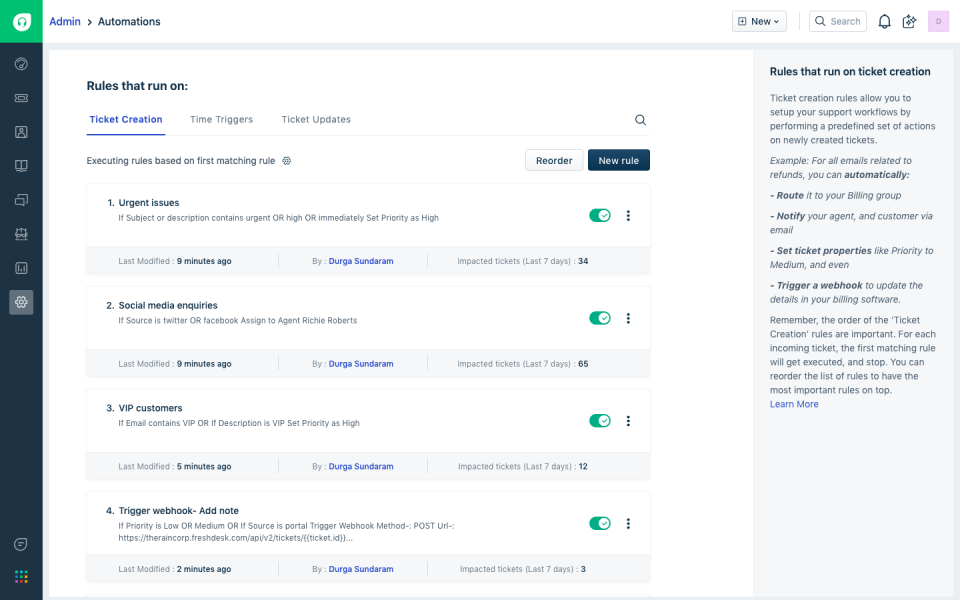 Aturan otomatisasi untuk manajemen tiket di Freshdesk