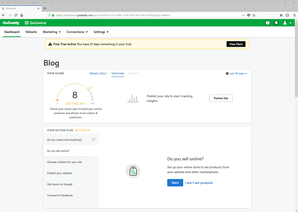 <p>Website dashboard in GoDaddy Website Builder</p>
