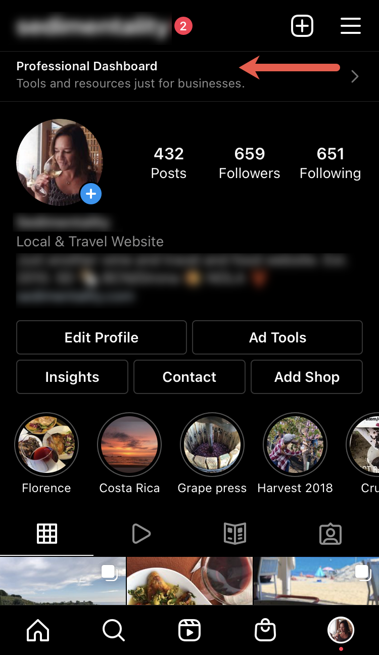 Tippen Sie oben auf Ihrer Instagram-Profilseite auf professionelles Dashboard