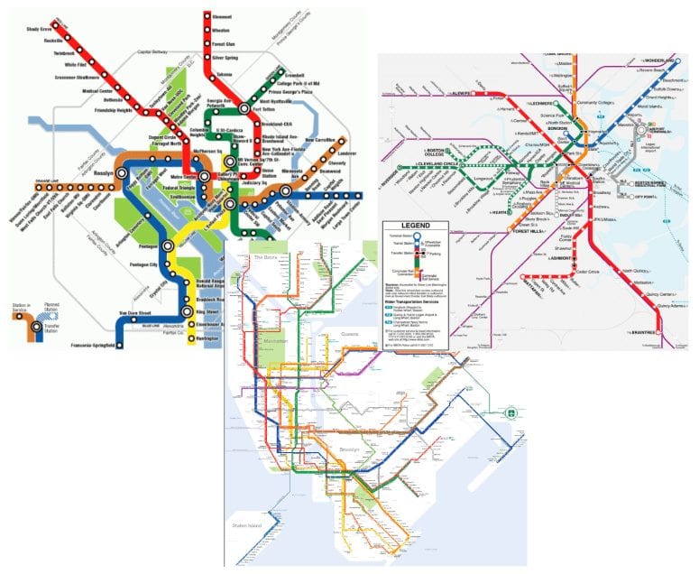 Mapas de metrô para a cidade de Nova York, Boston e Washington D.C.