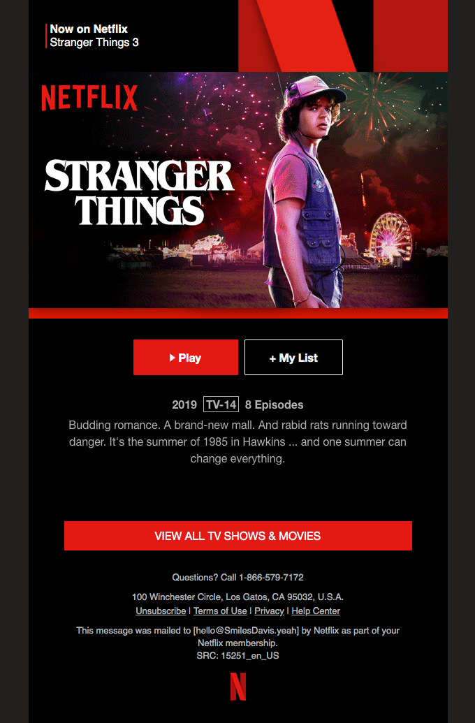 来自 Netflix 的电子邮件，其中包含播放 Stranger Things 和浏览更多内容的链接