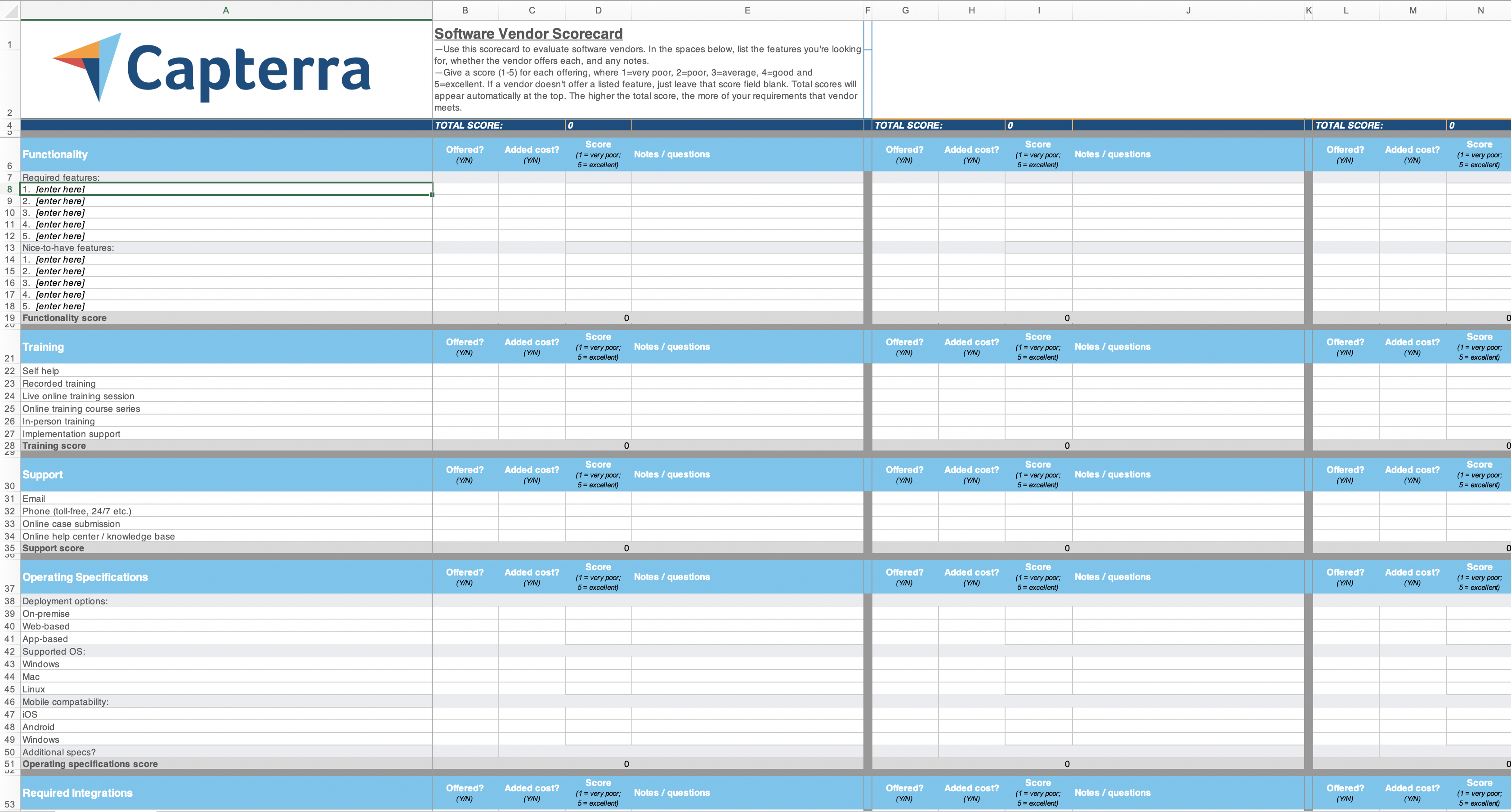 Derecelendirme yazılımı için Capterra excel puan kartı