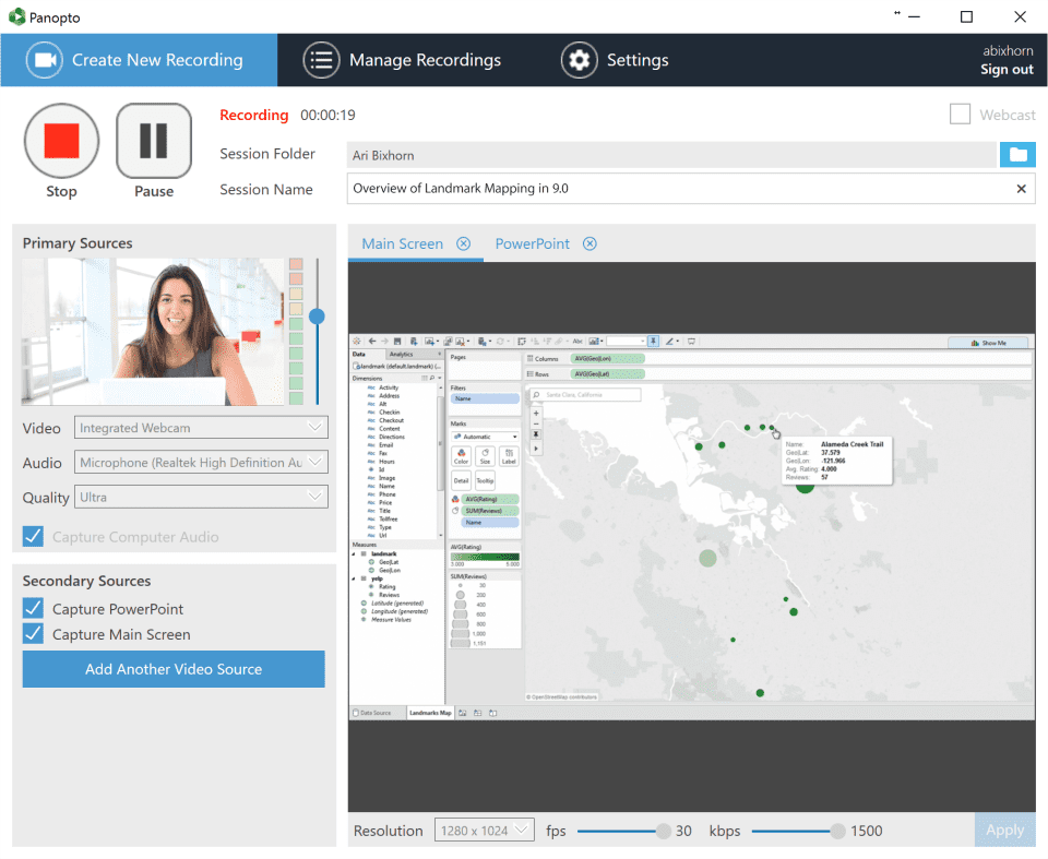 Captura de tela do Panopto, um software de gravação de palestras