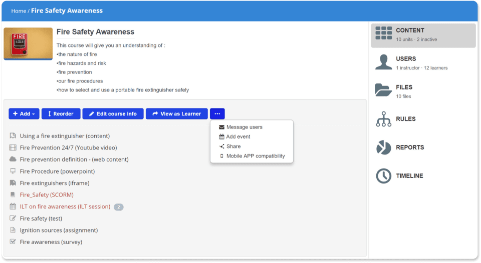 O captură de ecran de la TalentLMS, un LMS care are o funcție de testare cronometrată