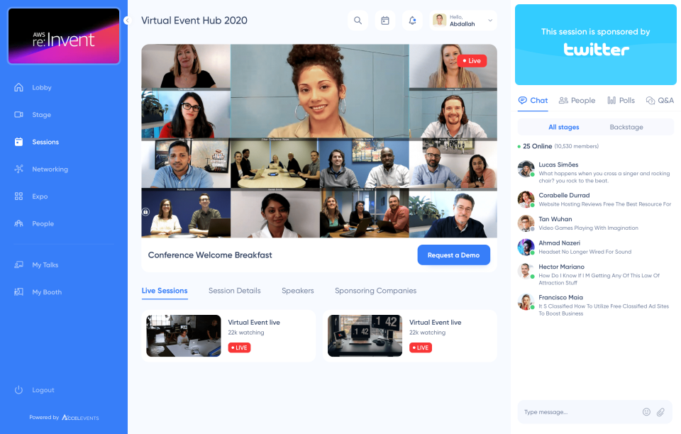 hub d'événements virtuels dans Accelevents montrant des salles de sous-commission, des sessions en direct, des sponsors d'événements, des sondages en direct et des questions-réponses