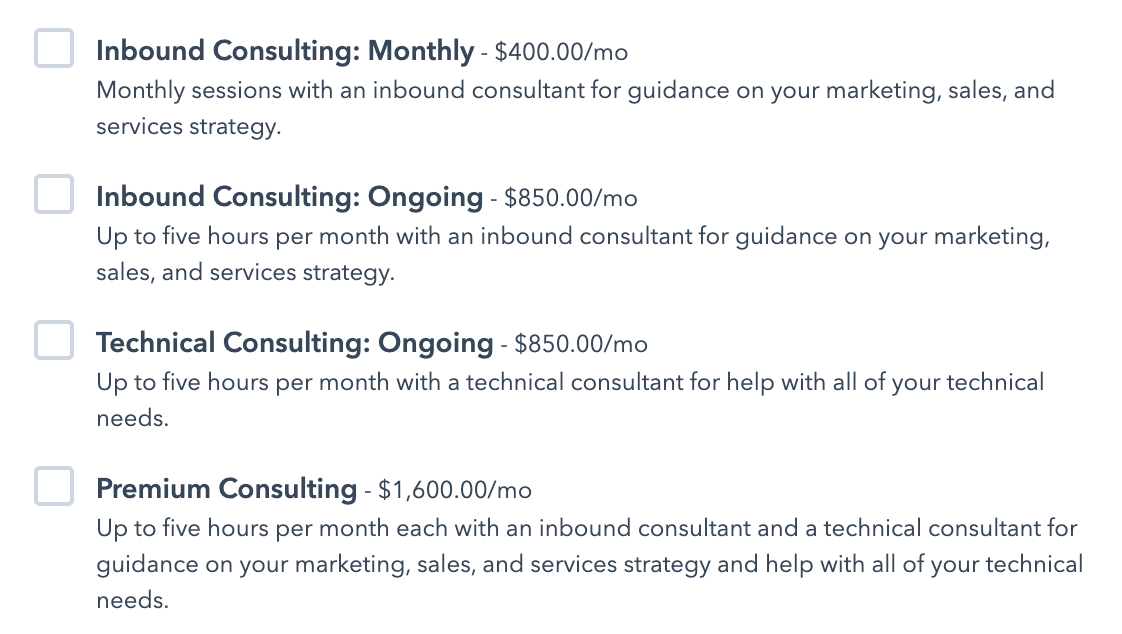 HubSpotが提供する4つの異なるオプションのコンサルティングパッケージ。