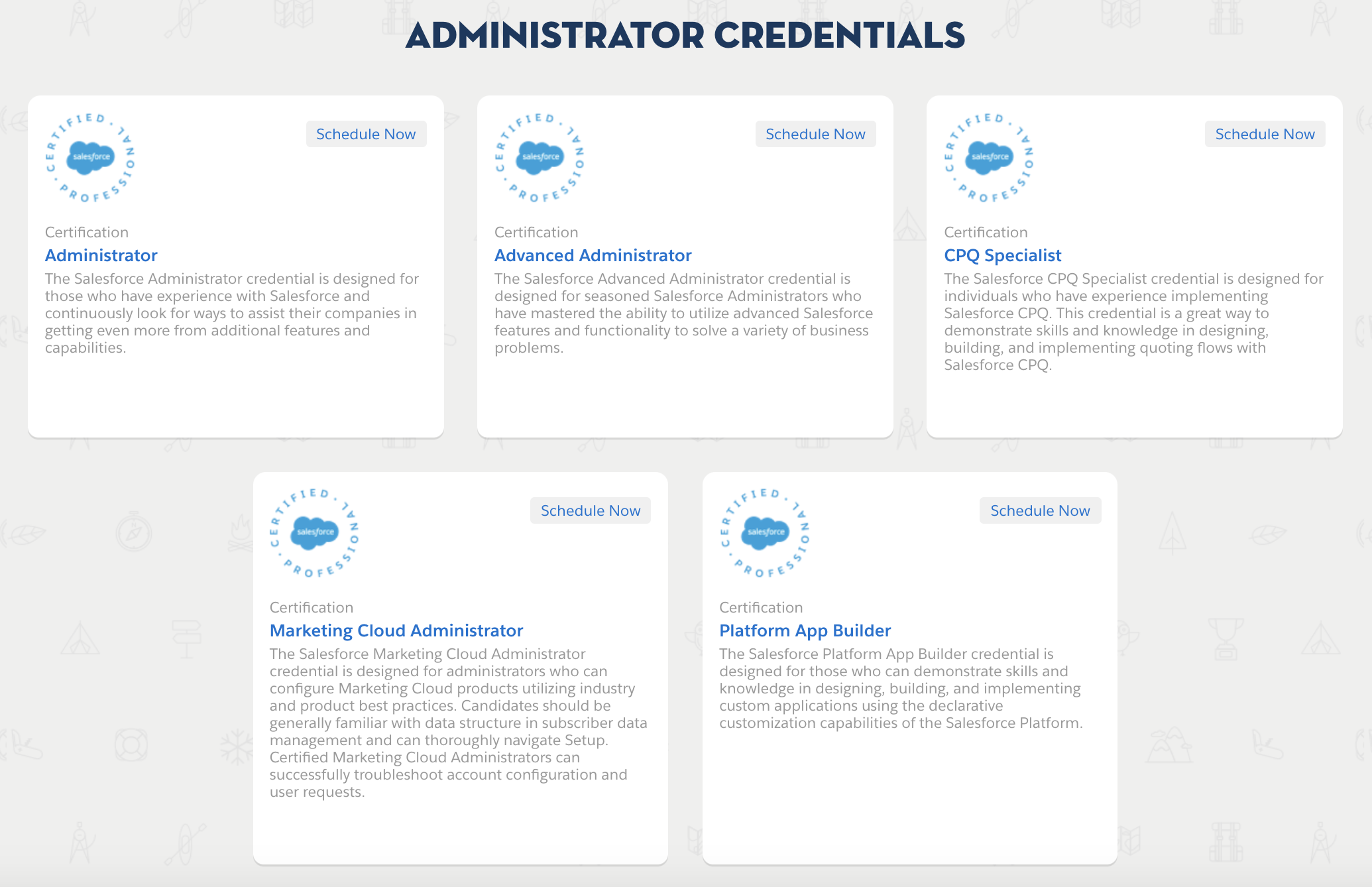 Cinco cursos diferentes de certificación de administradores ofrecidos por Salesforce.