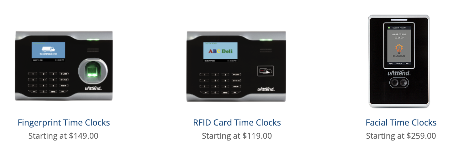 uAttendのWebサイトにあるさまざまな生体認証タイムレコーダー製品オプション。