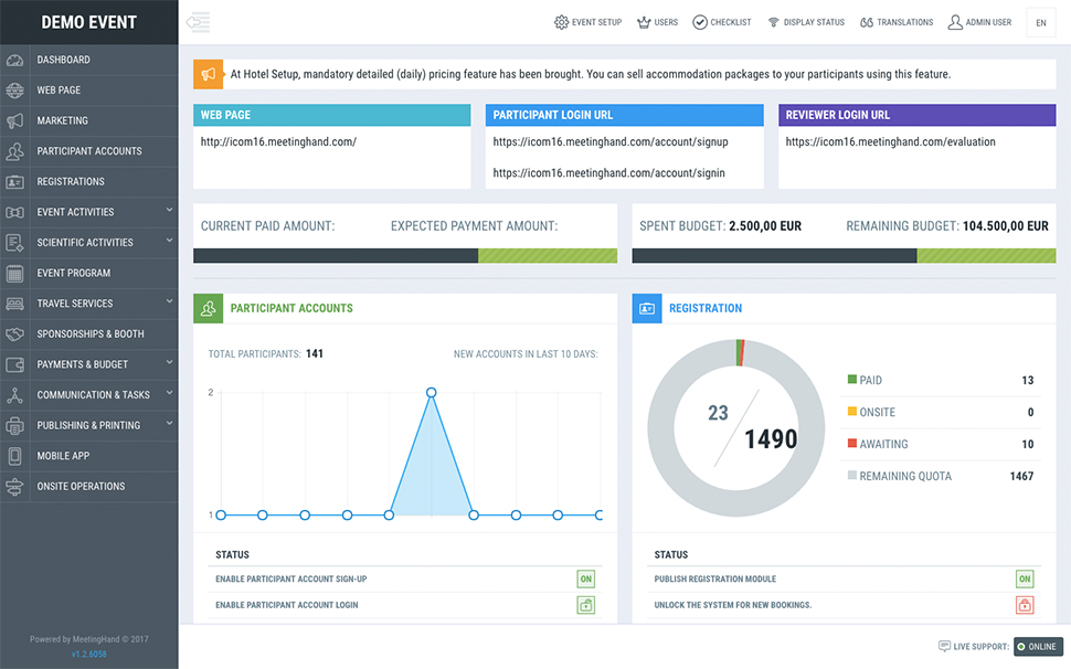 Dashboard dell'evento nel software MeetingHand.