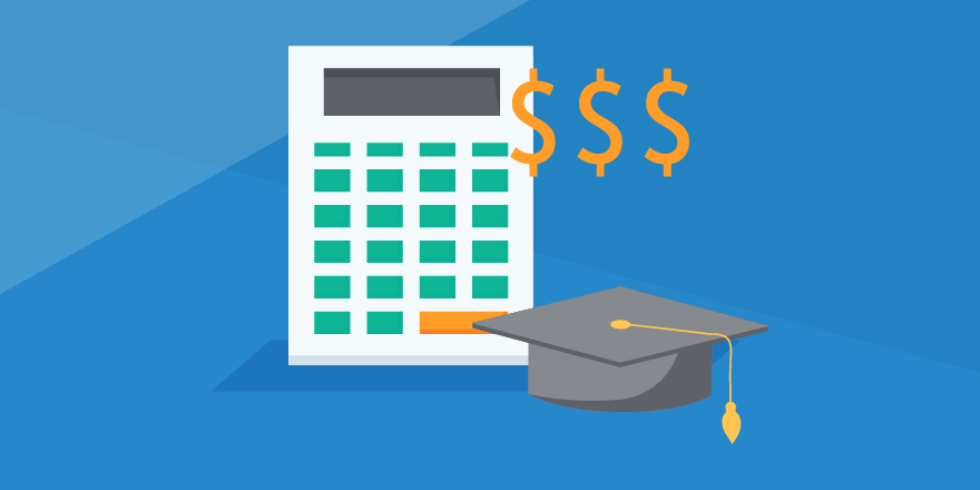 Imagen de encabezado de una calculadora, signos de dólar y un gorro de graduación