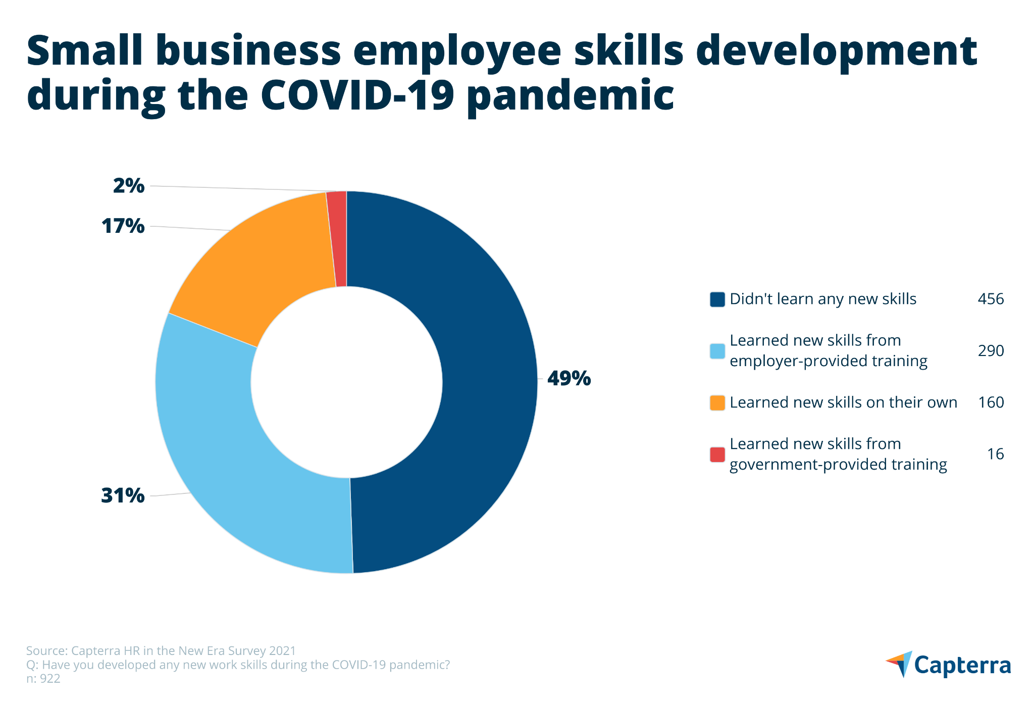 饼图显示了小型企业员工在 COVID-19 大流行期间如何发展技能。