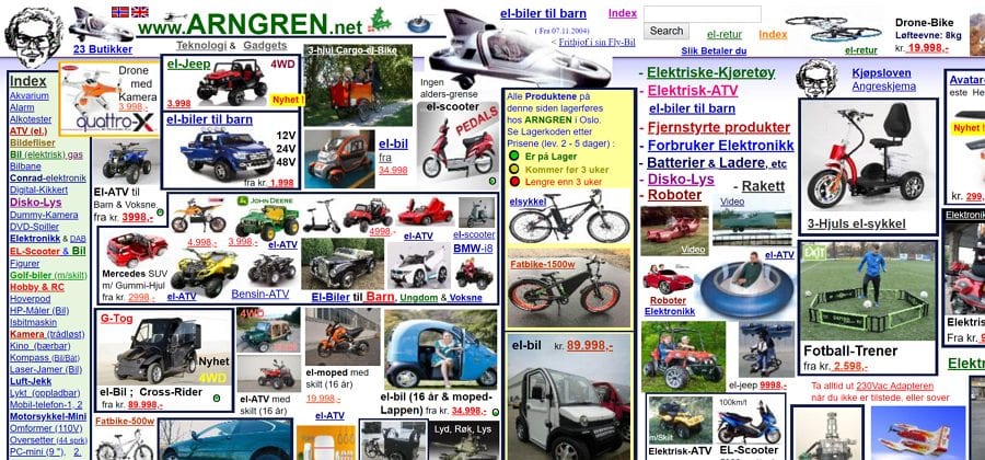 Home page di Arngren.net che esemplifica la cattiva navigazione del sito web.