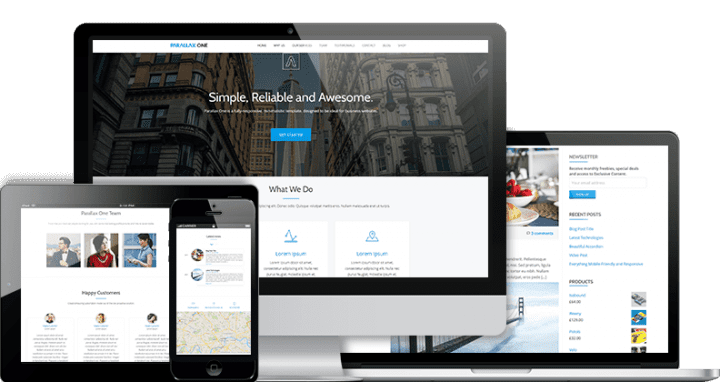 O tema Parallax One em vários dispositivos