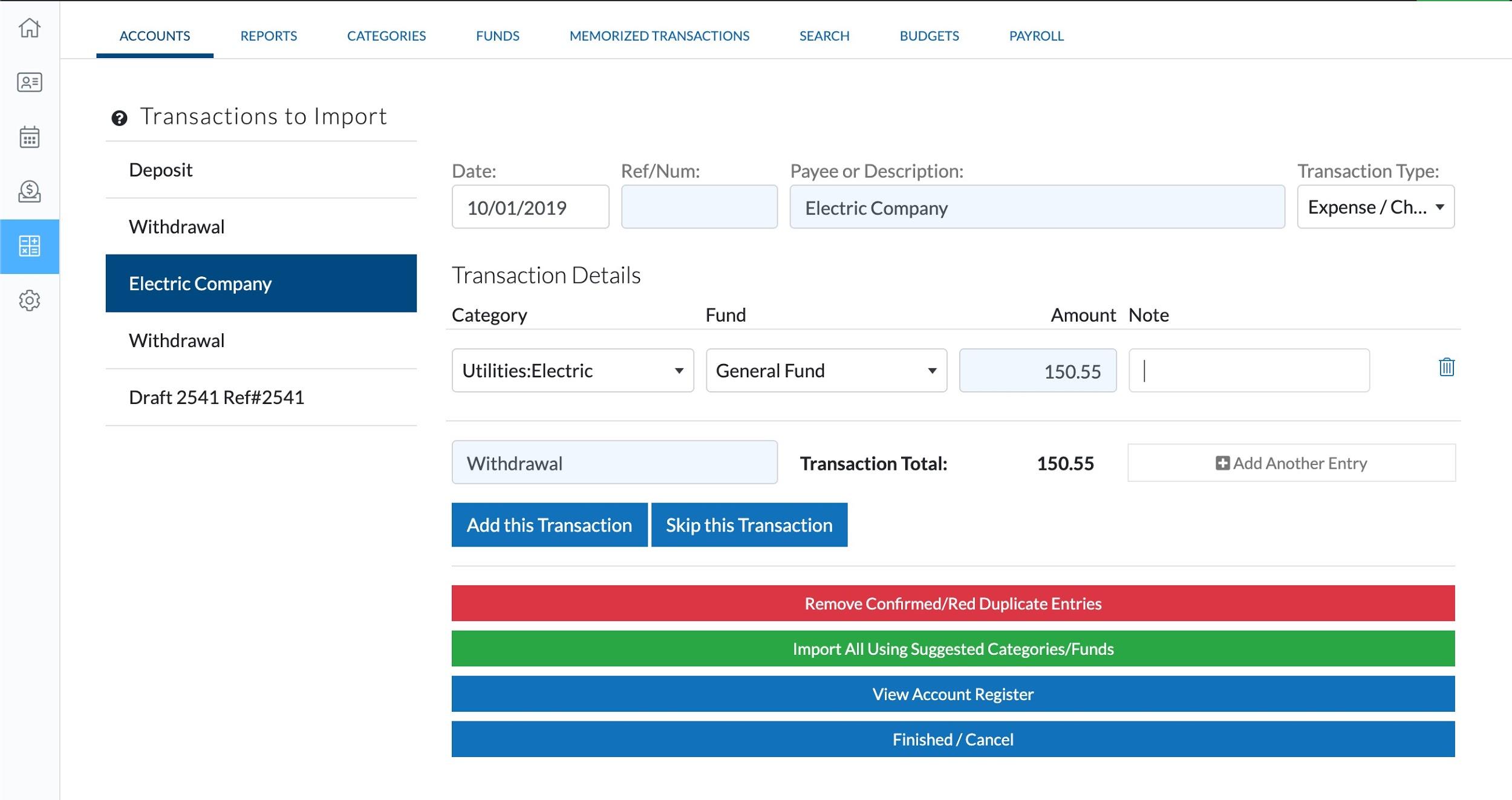 Uma captura de tela da tela de importação de transações na contabilidade do ChurchTrac