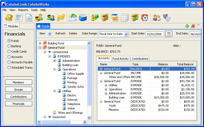 Uma captura de tela da tela de visão geral da contabilidade de fundos no CahabaWorks