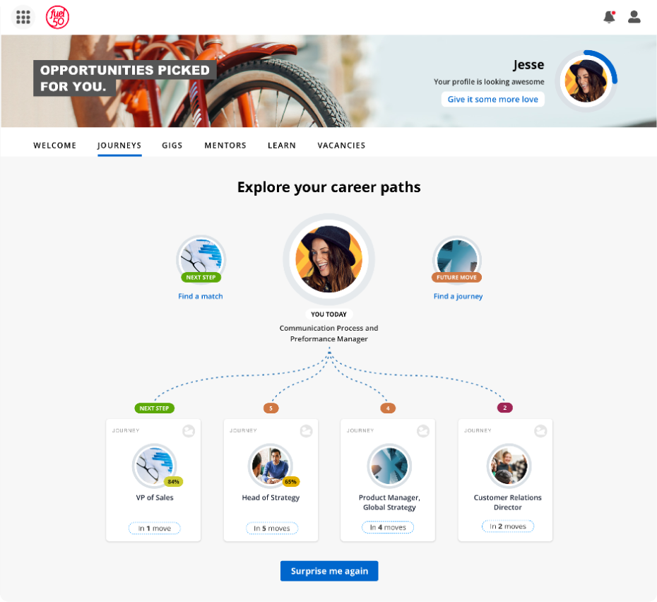 Fuel50, bir çalışanın potansiyel kariyer yollarını gösterir