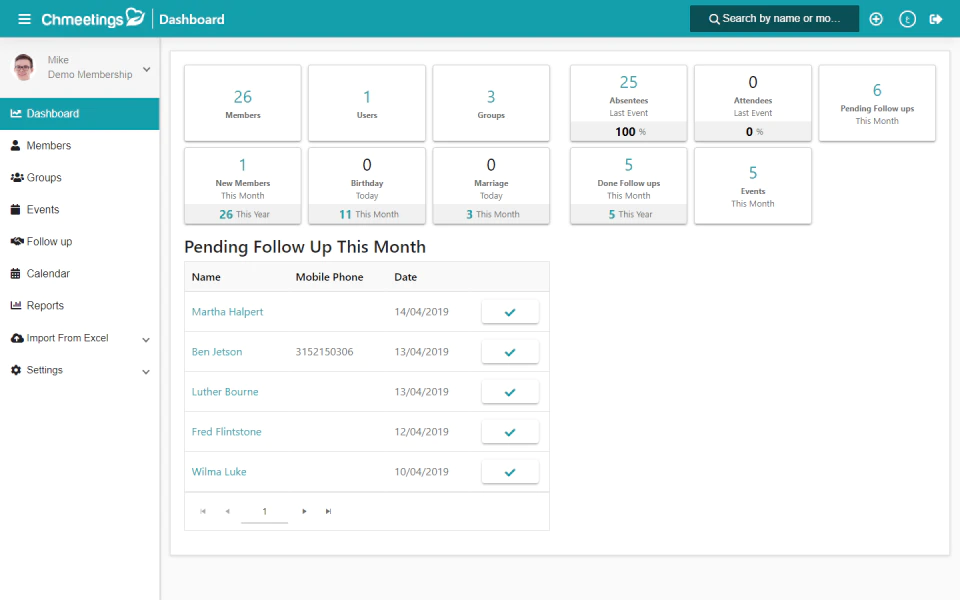 <p style="text-align: center;"><span style="font-weight: 400;">Dashboard overview in Chmeetings (</span><a href="https://www.capterra.com/p/184192/Chmeetings/"><span style="font-weight: 400;">Source</span></a><span style="font-weight: 400;">)</span></p>
