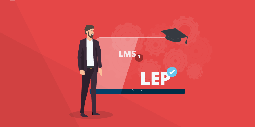 gambar header menunjukkan seorang pria berdiri di depan layar dengan LMS? dan LEP (tanda centang) di atasnya