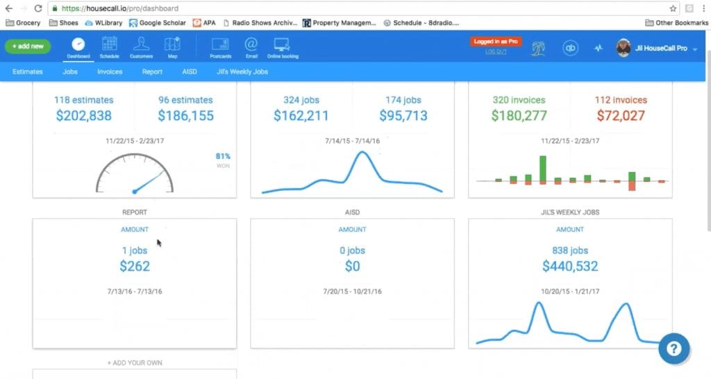 tableau de bord housecall pro