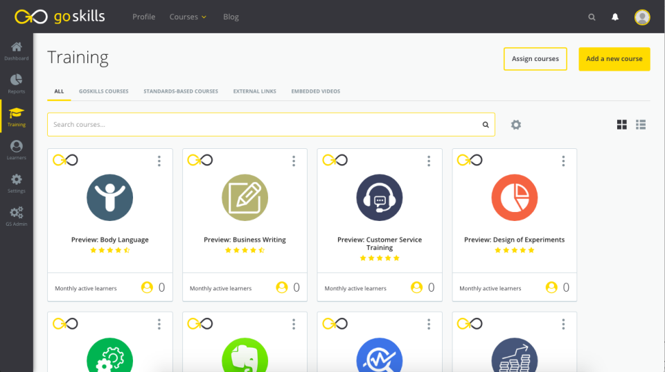 Uno screenshot di una libreria di corsi di formazione in GoSkills.