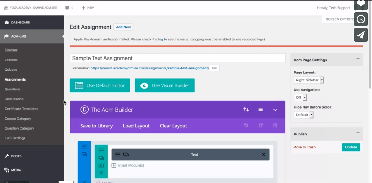 Une capture d'écran de l'interface de modification d'un devoir d'apprentissage dans Academy of Mine.