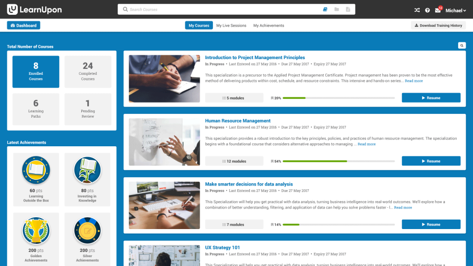 LearnUponの学習者ダッシュボードのスクリーンショット。