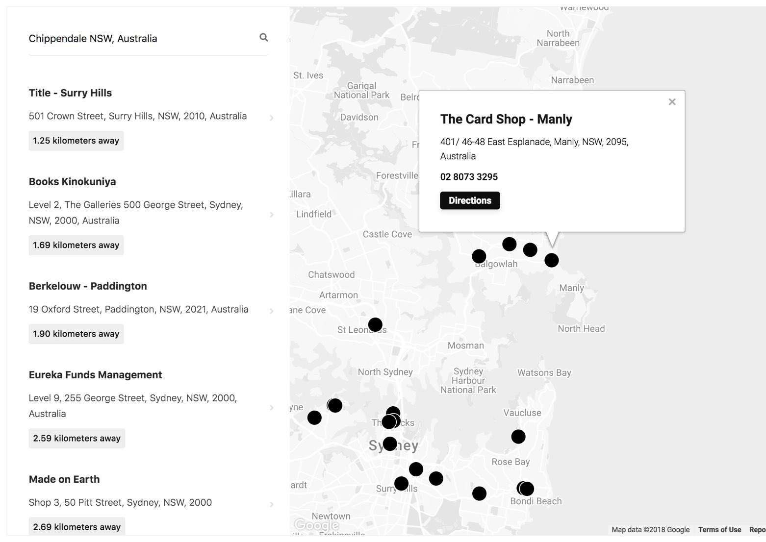 una lista de ubicaciones de tiendas y un mapa que muestra los resultados en el software de localización de tiendas storerocket