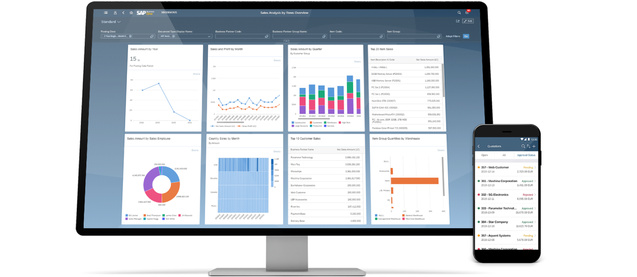 gráficos que se muestran en una pantalla de escritorio y dispositivo móvil en el software ERP SAP Business One