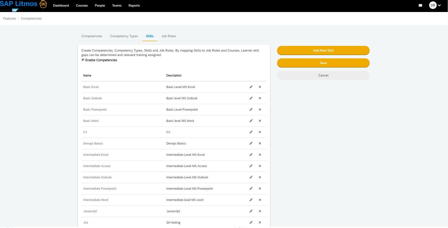 Agregar habilidades a través de la función de competencias en SAP Litmos