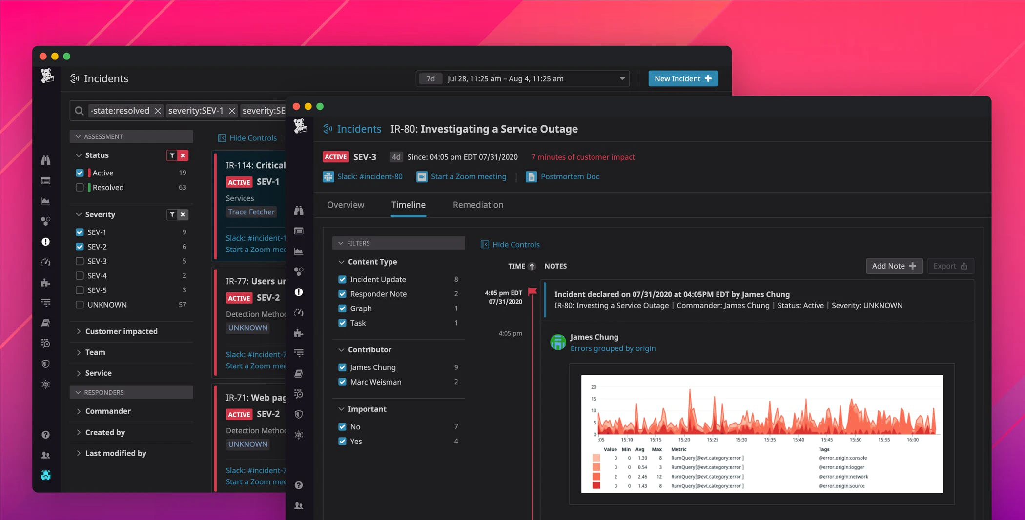 Easily create and track incidents within Datadog and collaborate while troubleshooting, reducing mean time to resolution (MTTR). seamlessly move from triaging possible issues, to investigating the root cause, to resolving and documenting the problem.