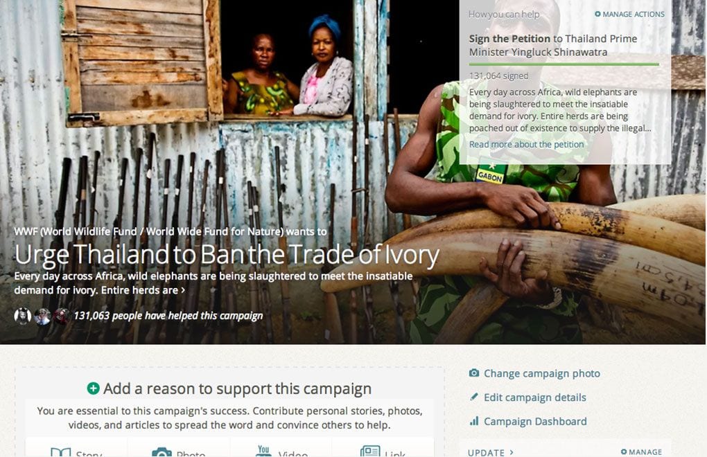 Une capture d'écran d'une campagne de financement participatif contre le commerce de l'ivoire thaïlandais sur Causes