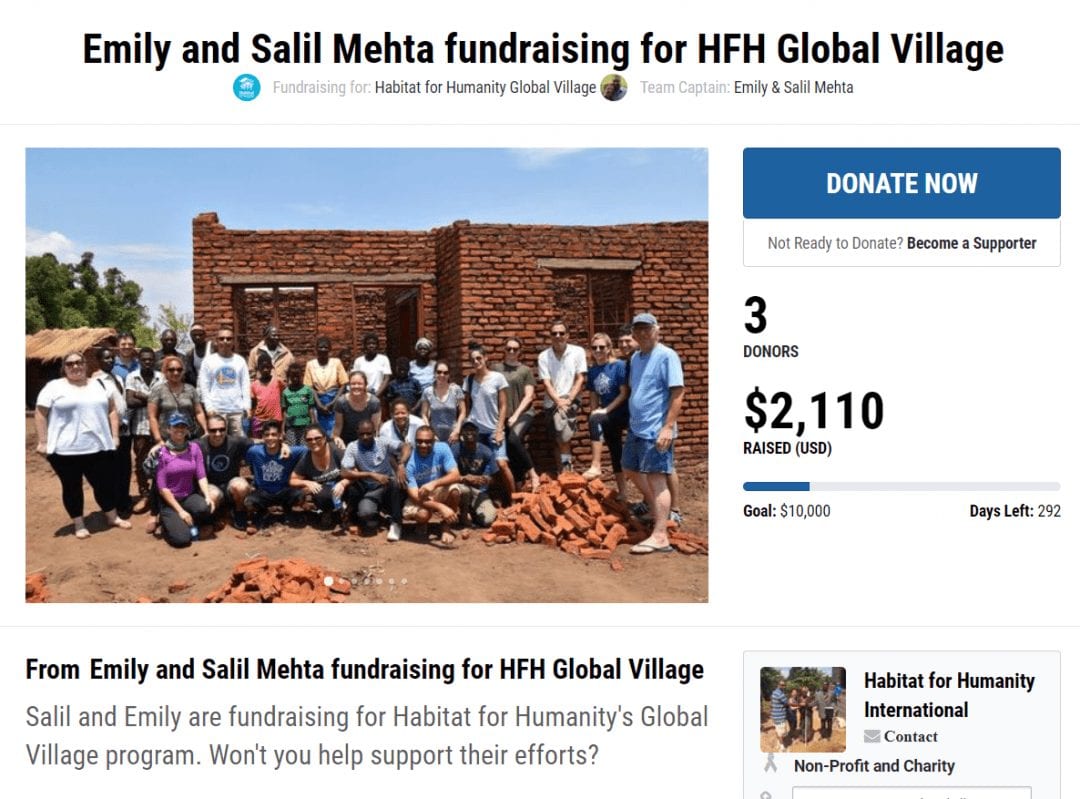 Ein Screenshot einer Kampagne des globalen Dorfprogramms von Habitat for Humanity auf Fundly