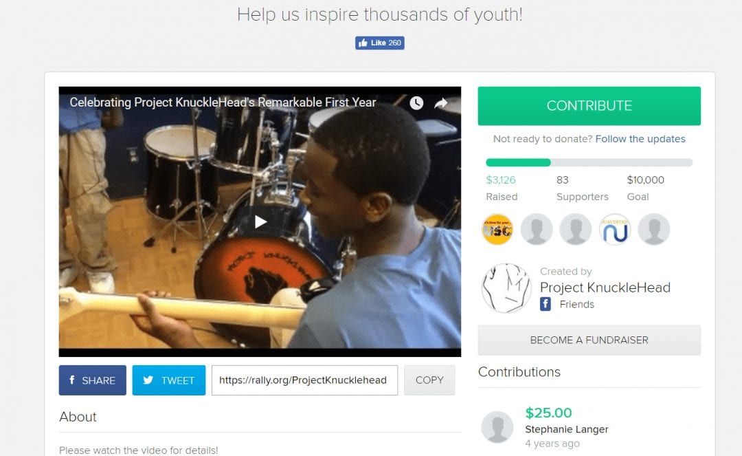 Screenshot einer Kampagne zur Beschaffung von Spenden für Musikausbildung auf Rally.org