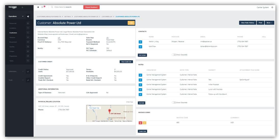 Tailwind menawarkan profil pelanggan yang memungkinkan manajer logistik melacak data pelanggan.