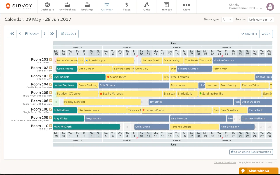 <p style="text-align: center;"><span style="font-weight: 400;">Calendar overview in </span><a href="https://www.capterra.com/p/103570/Sirvoy-Booking-System/"><span style="font-weight: 400;">Sirvoy</span></a><span style="font-weight: 400;"> (</span><a href="https://www.capterra.com/p/103570/Sirvoy-Booking-System/"><span style="font-weight: 400;">Source</span></a><span style="font-weight: 400;">)</span></p>
