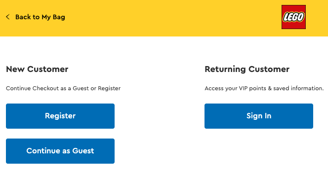 ゲストチェックアウトオプションを提供するLego.comのチェックアウト画面