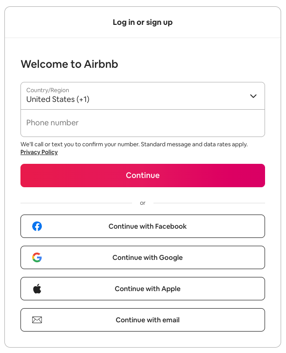 Página de registro de la cuenta de Airbnb con tres opciones diferentes de inicio de sesión social